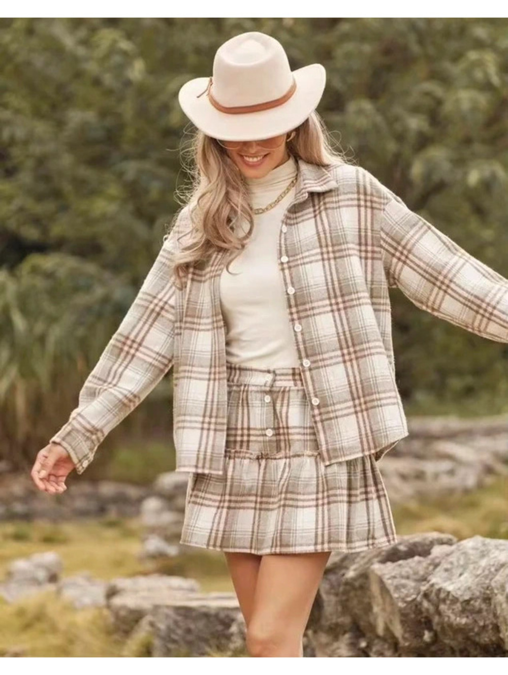 2 piece set - Plaid Top And Mini Skirt Set Fall Cloth